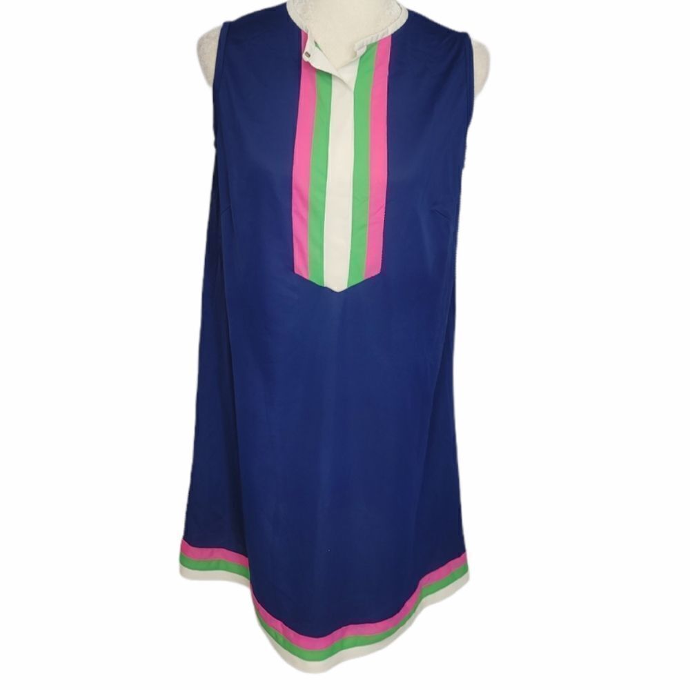 VINTAGE 60s dress blue sleeveless stripe‎ bib nylon mini slip S
